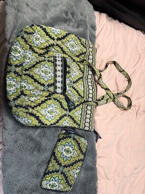 Vera Bradley Quilted Tote and Zip Pouch in Lime Green and Navy with Wallet